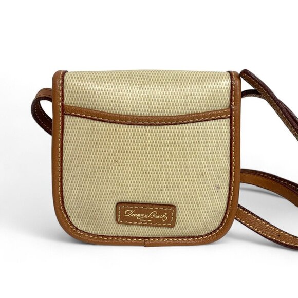 Vintage Dooney & Bourke Small Front Flap Crossbody Bag Beige Canvas Tan Trim - Picture 2 of 11